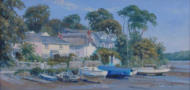 Riverside village of St Clement, Cornwall, painting, oil on board 10" x 20"