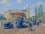 painting Bristol trams at Victoria Rooms , Bristol, oil on canvas 18" x 24"